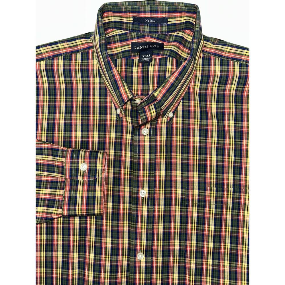 Lands End No Iron Red Green Yellow Plaid Button Down Shirt Men’s 17 33 NWT